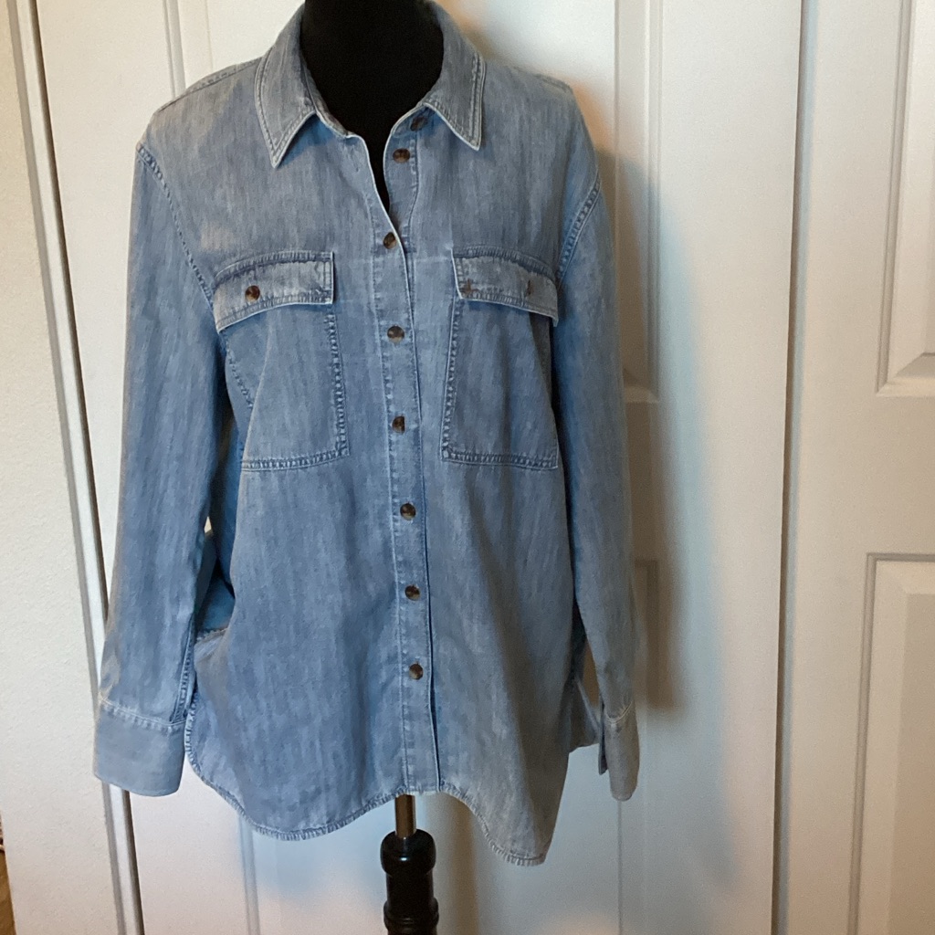 Lafayette 148 Ezra Denim Chambray Button Down Long Sleeve Shirt Blue Xl